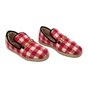 Gucci Horsebit Tweed Loafer Size 38 US 8 Shearling Lined Red White Slipper